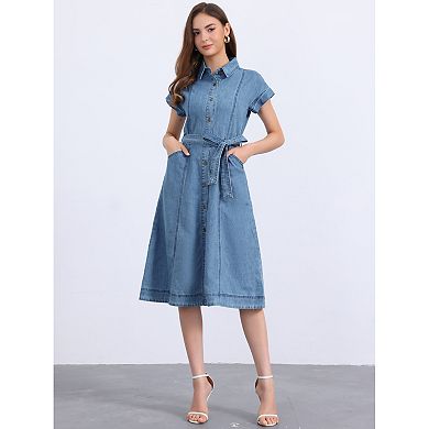 Denim Dress for Women's Casual Button Down Short Sleeves Belted Midi Dress