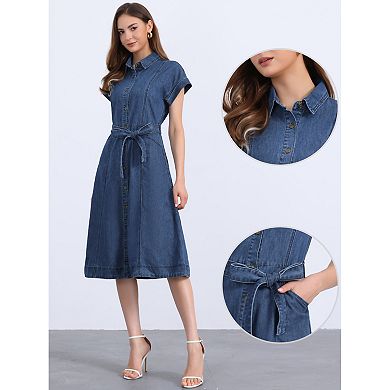 Denim Dress for Women's Casual Button Down Short Sleeves Belted Midi Dress