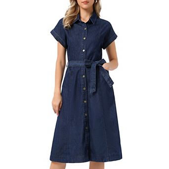 Denim Dress for Women's Casual Button Down Short Sleeves Belted Midi Dress