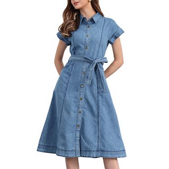 Denim Dress for Women's Casual Button Down Short Sleeves Belted Midi Dress