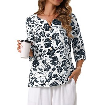 Women's 3/4 Sleeve Tops Dressy Casual V Neck Boho Floral Button Decor Summer Blouse Shirts