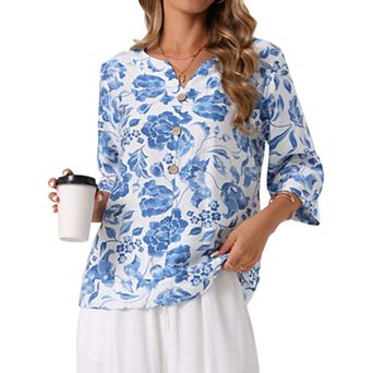 Women's 3/4 Sleeve Tops Dressy Casual V Neck Boho Floral Button Decor Summer Blouse Shirts
