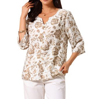 Women's 3/4 Sleeve Tops Dressy Casual V Neck Boho Floral Button Decor Summer Blouse Shirts