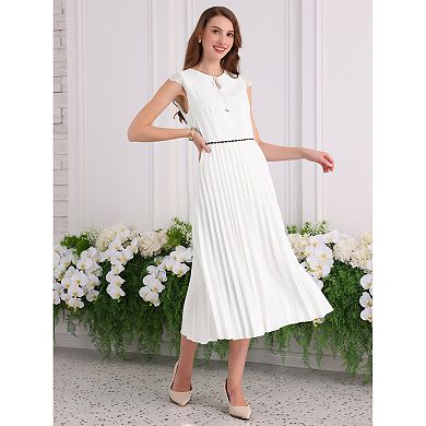 Women's Tie Neck Dress Midi A-Line Sleeveless Pleated Dress