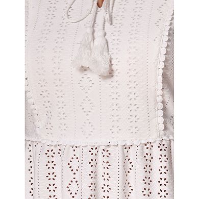 Boho Peplum Top for Women's Crochet Eyelet Cap Sleeves Tie Neck Summer Blouse