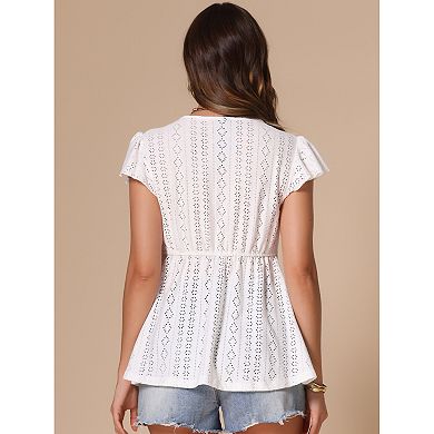 Boho Peplum Top for Women's Crochet Eyelet Cap Sleeves Tie Neck Summer Blouse
