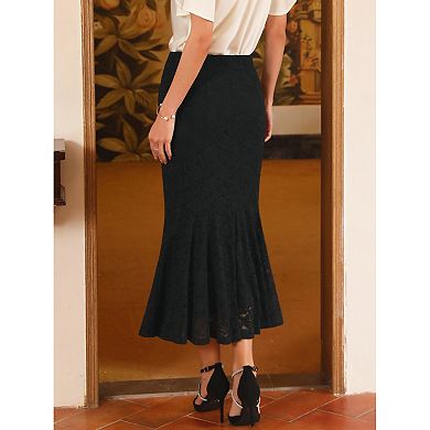 Women's Lace Floral Skirts Ruffle Hem High Waist Cocktail Midi Skirt