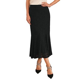 Women's Lace Floral Skirts Ruffle Hem High Waist Cocktail Midi Skirt