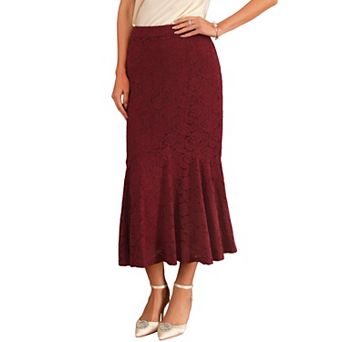 Women's Lace Floral Skirts Ruffle Hem High Waist Cocktail Midi Skirt