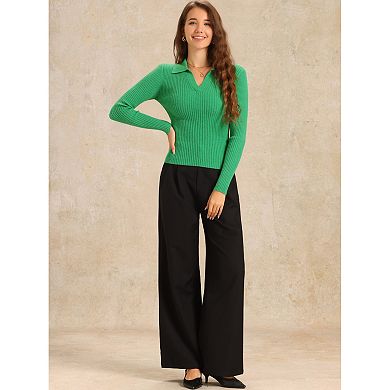 Knit Blouse for Women's Turndown Collar V Neck Sweater Top