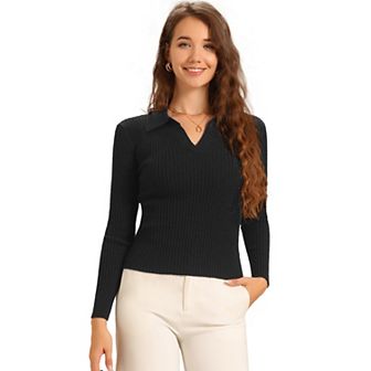 Knit Blouse for Women's Turndown Collar V Neck Sweater Top