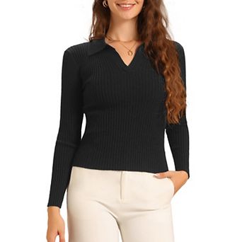 Knit Blouse for Women's Turndown Collar V Neck Sweater Top