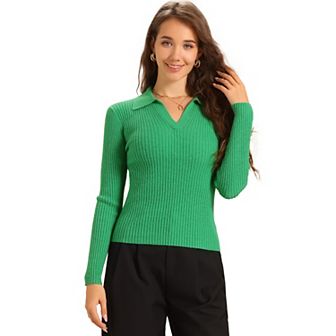 Knit Blouse for Women's Turndown Collar V Neck Sweater Top