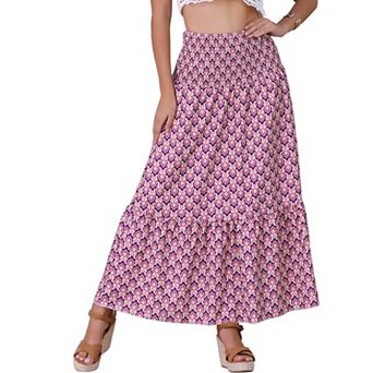 Women's Summer Skirt Casual Smocked Waist Flowy Swing Floral Maxi Skirts