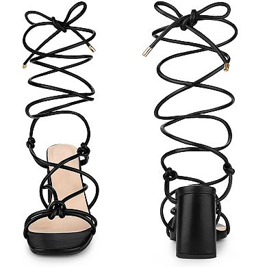 Strappy Heels Knots Square Toe Block Heel Lace Up Sandals for Women