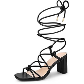 Strappy Heels Knots Square Toe Block Heel Lace Up Sandals for Women