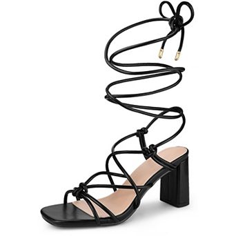 Strappy Heels Knots Square Toe Block Heel Lace Up Sandals for Women