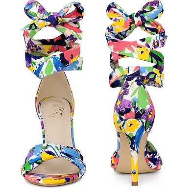 Floral Print Twist Lace Up Stiletto Heels Sandals for Women