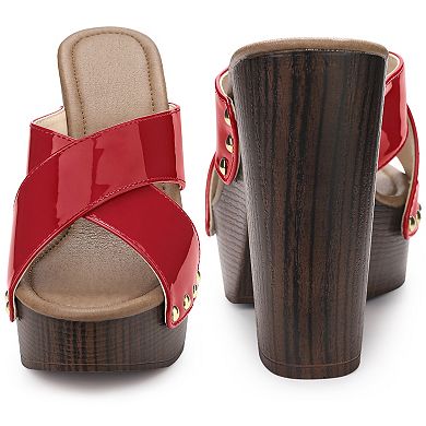 Platform Crisscross Strap Chunky Heels Black Sandals for Women