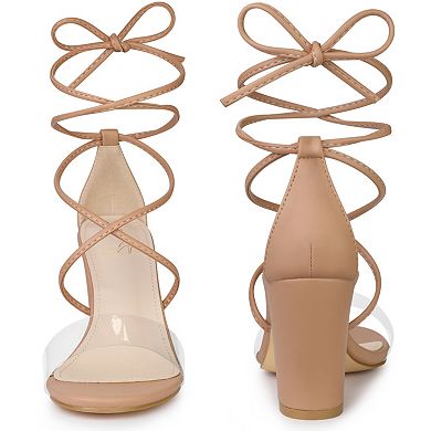 Lace Up Clear Strap Strappy Chunky Heel Sandals for Women