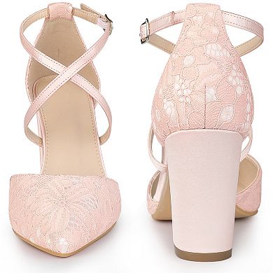 Crisscross Straps Closed Toe Block Heels Lace Pumps for Women