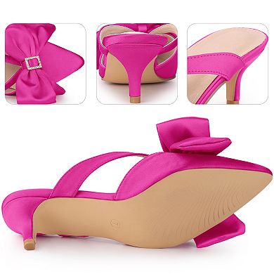 Bow Rhinestones Kitten Heels Satin Slide Mules for Women