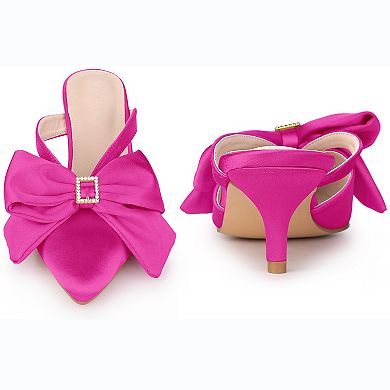 Bow Rhinestones Kitten Heels Satin Slide Mules for Women