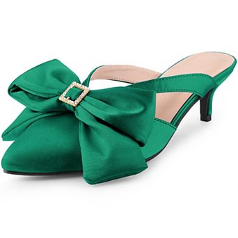 Bow Rhinestones Kitten Heels Satin Slide Mules for Women