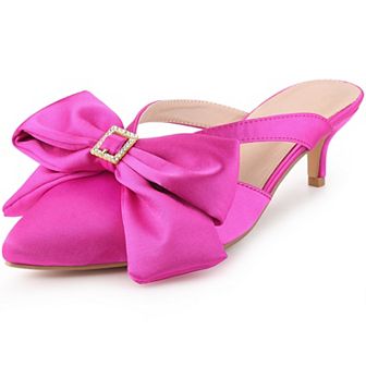 Bow Rhinestones Kitten Heels Satin Slide Mules for Women