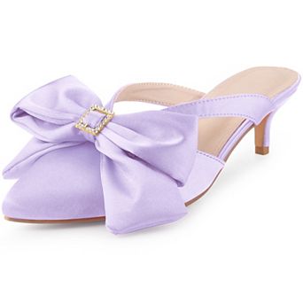 Bow Rhinestones Kitten Heels Satin Slide Mules for Women