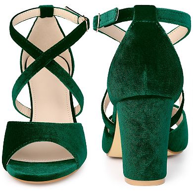 Cross Strap Velvet Block Heel Sandals for Women