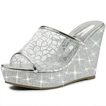 Women's Glitter Platform Wedges Slip on Wedge Sandals