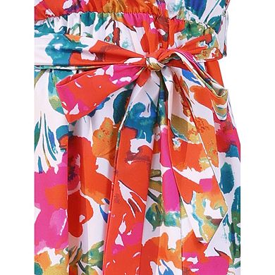 Women's Floral V Neck Split Hem Short Sleeve Maxi Tropical Dress