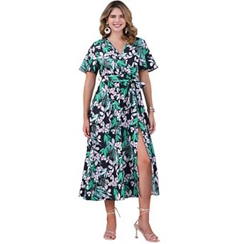 Women's Floral V Neck Split Hem Short Sleeve Maxi Tropical Dress