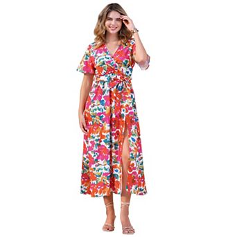 Women's Floral V Neck Split Hem Short Sleeve Maxi Tropical Dress
