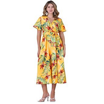 Women's Floral V Neck Split Hem Short Sleeve Maxi Tropical Dress