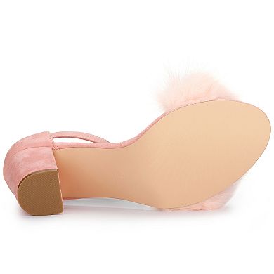 Women's Faux Fur Ankle Strap Block Heels Sandals