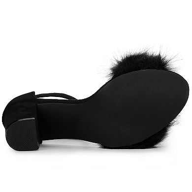 Women's Faux Fur Ankle Strap Block Heels Sandals