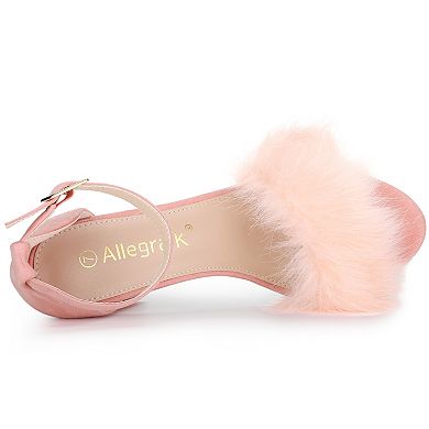 Women's Faux Fur Ankle Strap Block Heels Sandals