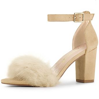 Women's Faux Fur Ankle Strap Block Heels Sandals