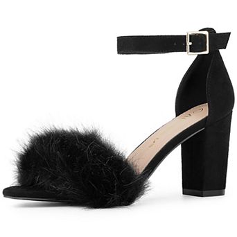 Women's Faux Fur Ankle Strap Block Heels Sandals