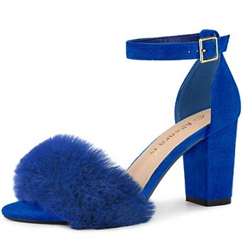 Women's Faux Fur Ankle Strap Block Heels Sandals
