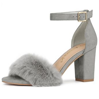 Women's Faux Fur Ankle Strap Block Heels Sandals