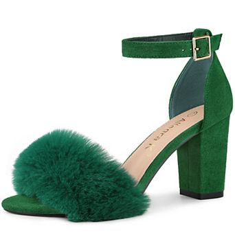 Women's Faux Fur Ankle Strap Block Heels Sandals