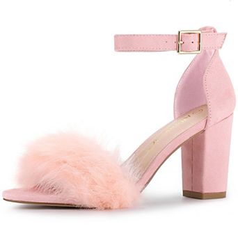 Women's Faux Fur Ankle Strap Block Heels Sandals