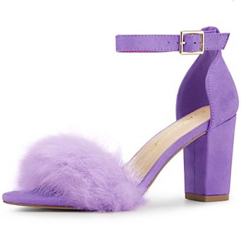 Women's Faux Fur Ankle Strap Block Heels Sandals