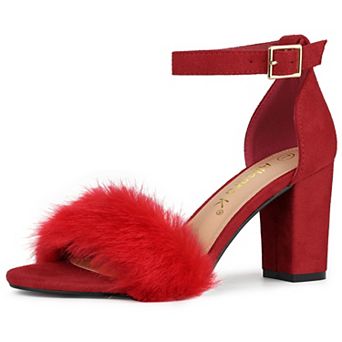 Women's Faux Fur Ankle Strap Block Heels Sandals