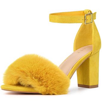 Women's Faux Fur Ankle Strap Block Heels Sandals