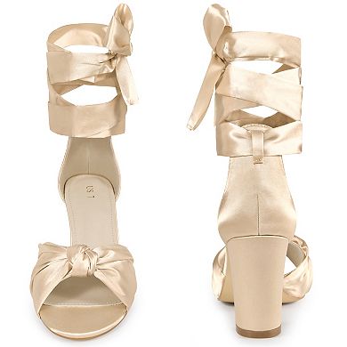 Satin Open Toe Lace Up Block Heels Sandals for Women