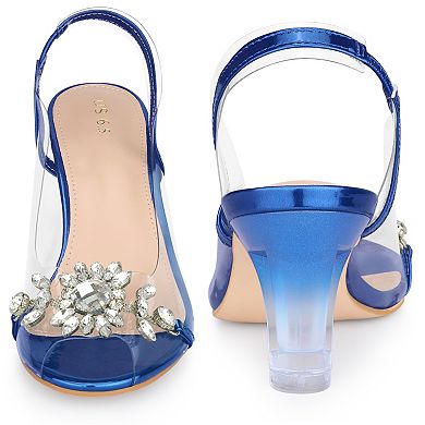Peep Toe Flower Rhinestone Clear Chunky Heels Cinderella Glass Sandals for Women